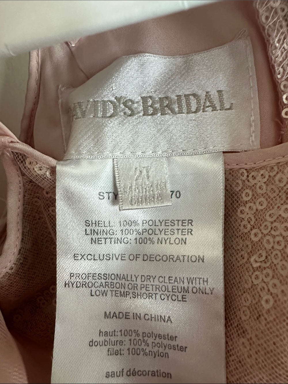 David's Bridal Blush Pink Sequin Bodice Tulle Dress with Satin Bow - Kids - Picture 3 of 4
